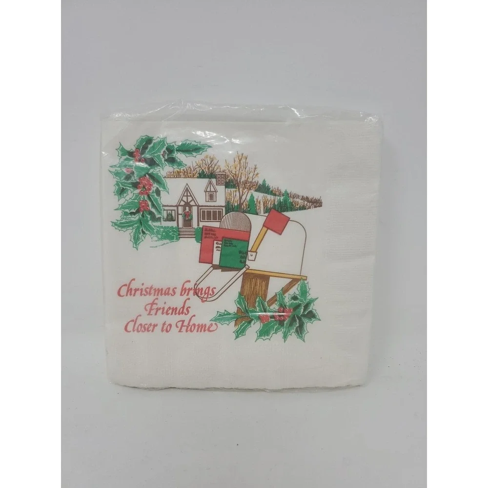 Vintage Chrismas Luncheon Napkins 13x13 20 Count Holly Mailbox House